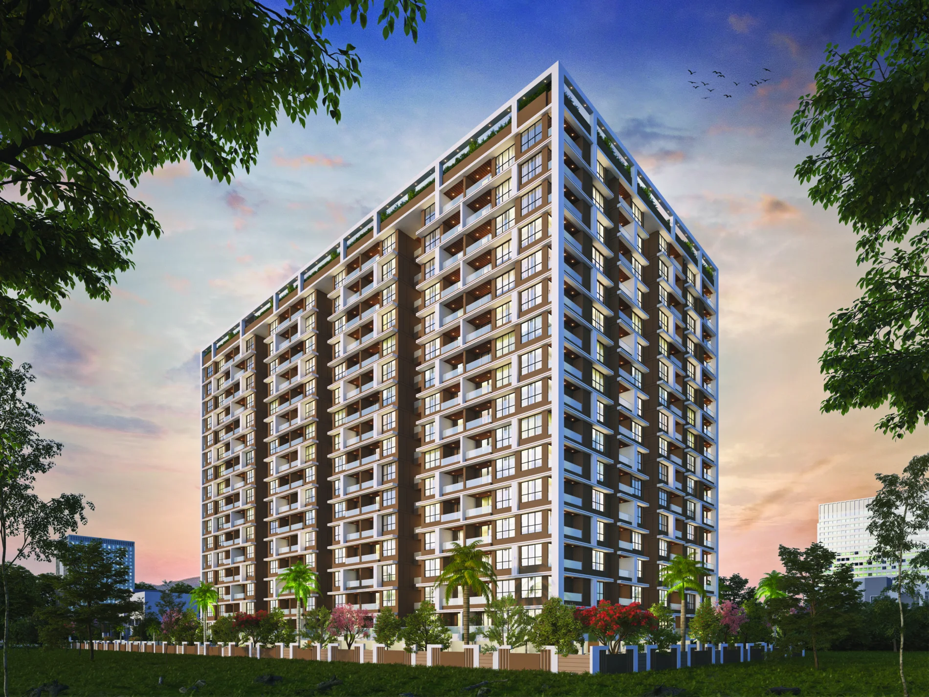 Architectural illustration of Valeentina Tower with landscaped grounds