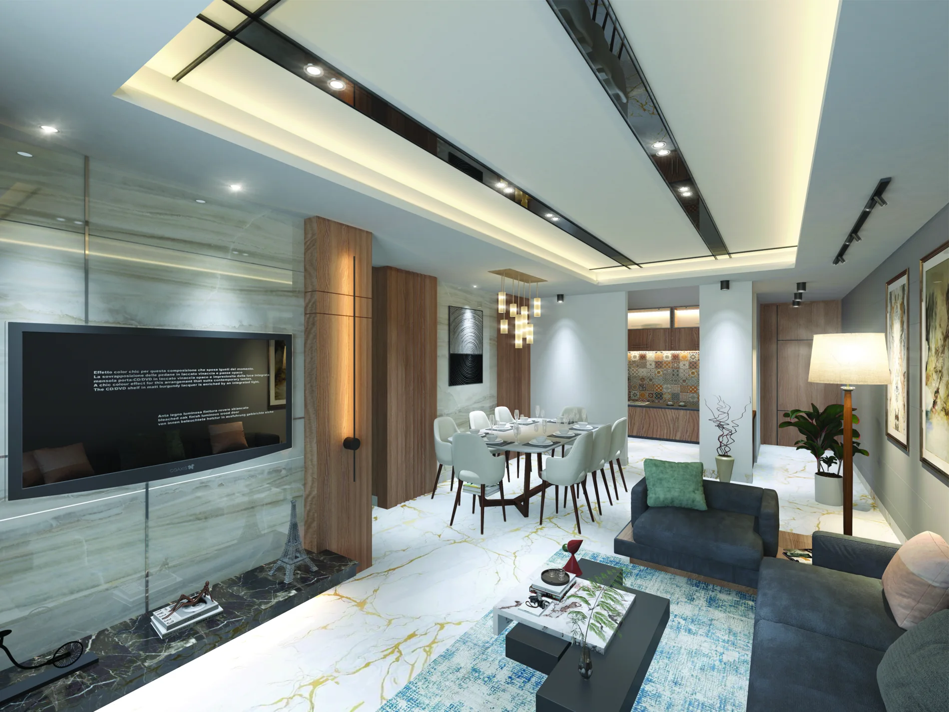 Project illustration of the living and dining spaces at Valeentina Tower